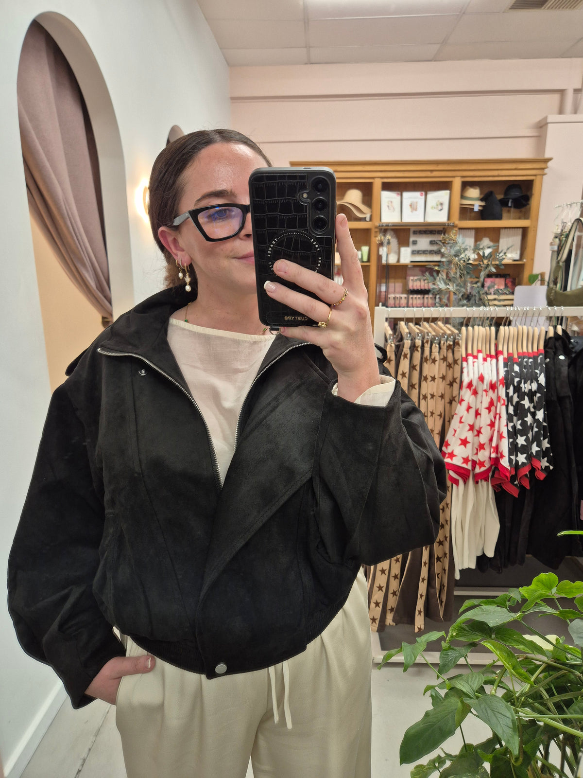 Funnel Neck Bomber - Faux Suede