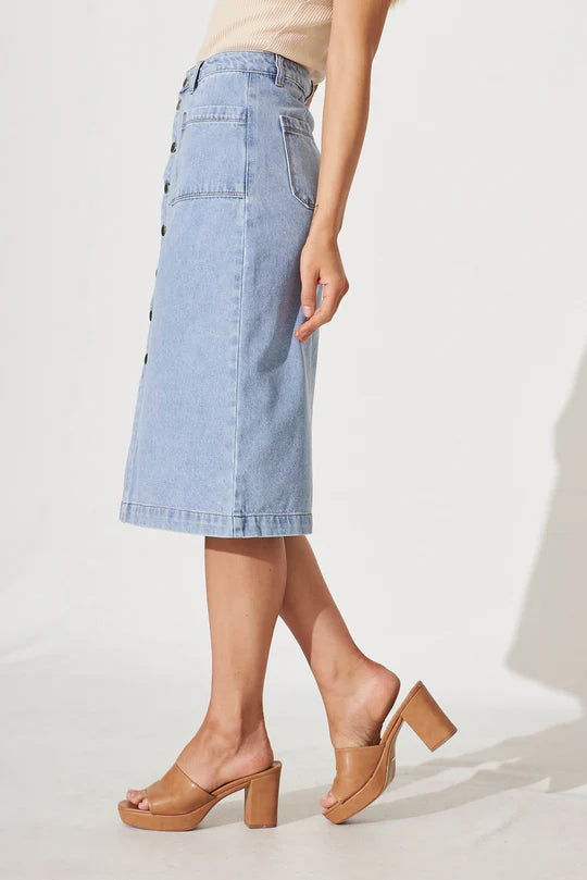 Kat Button Denim Maxi Skirt