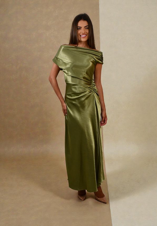 Satin One Shoulder Ruched Dress by Jess & Molly Olive
