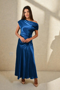 Satin One Shoulder Ruched Dress by Jess & Molly Indigo