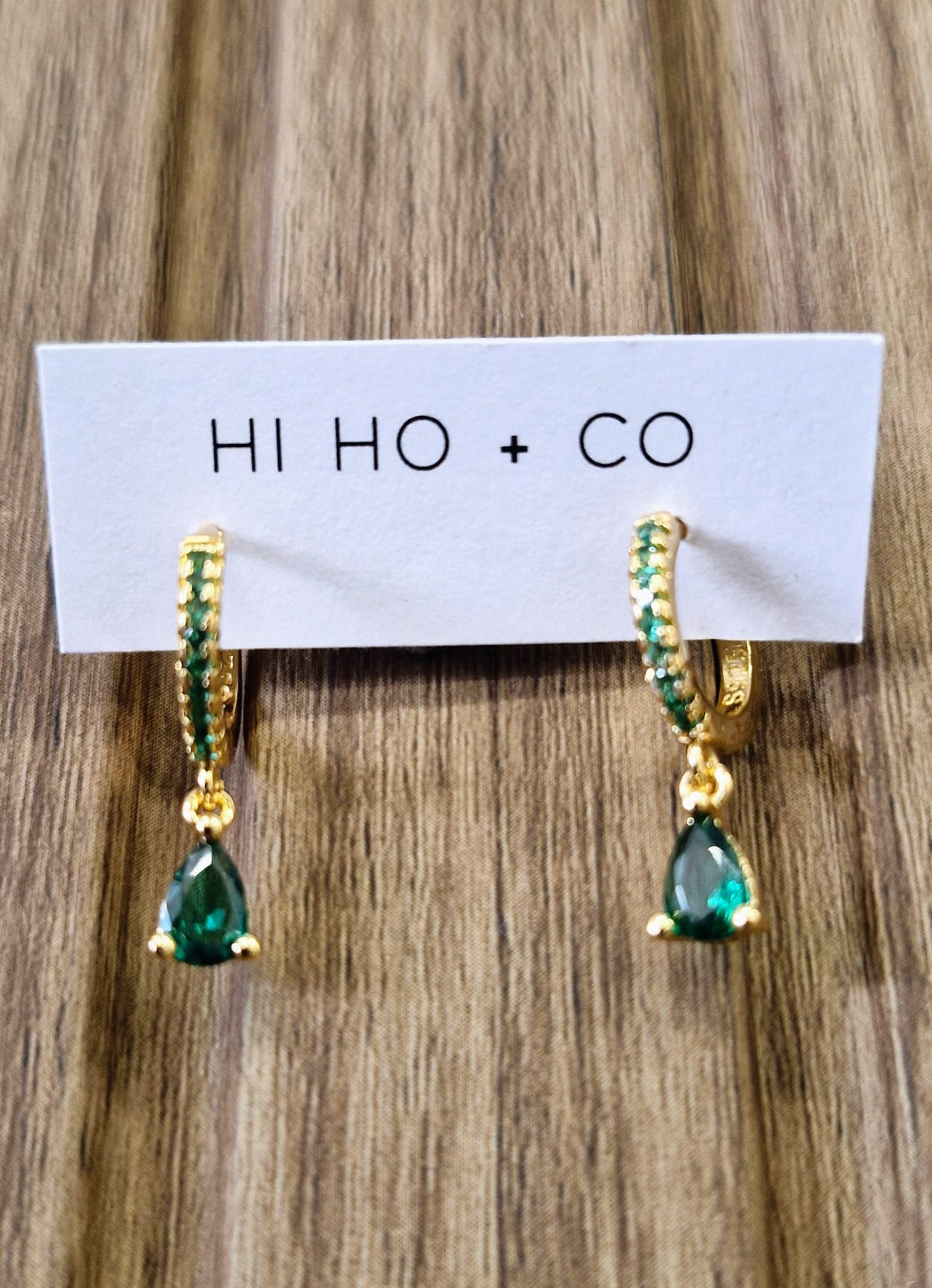 Emerald teardrop Huggies by Hi Ho + Co